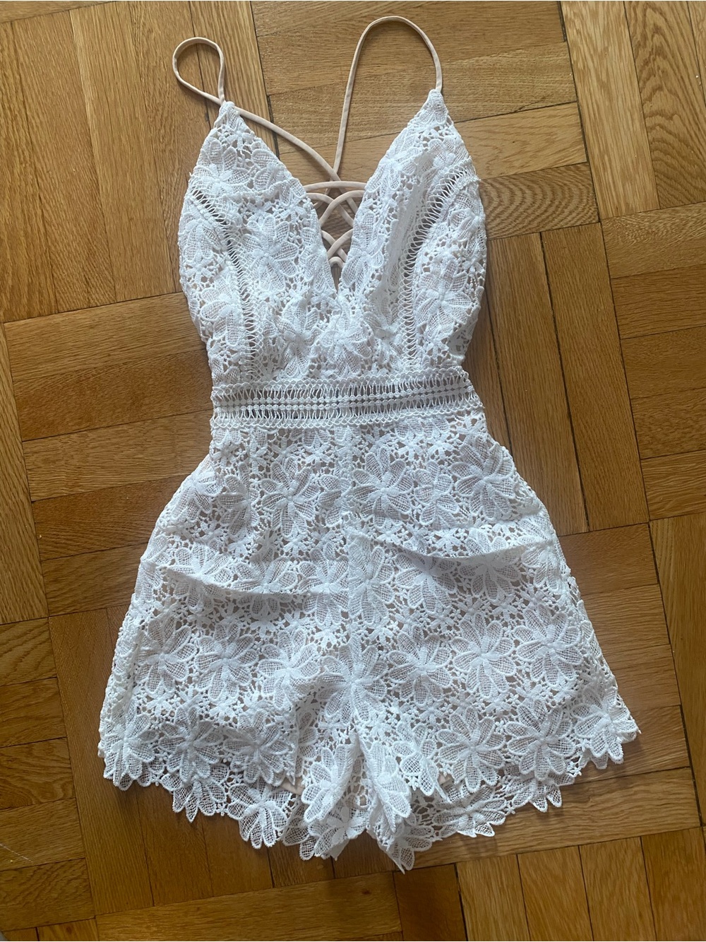 Charlotte Russe White Lace Romper with Crisscross Straps